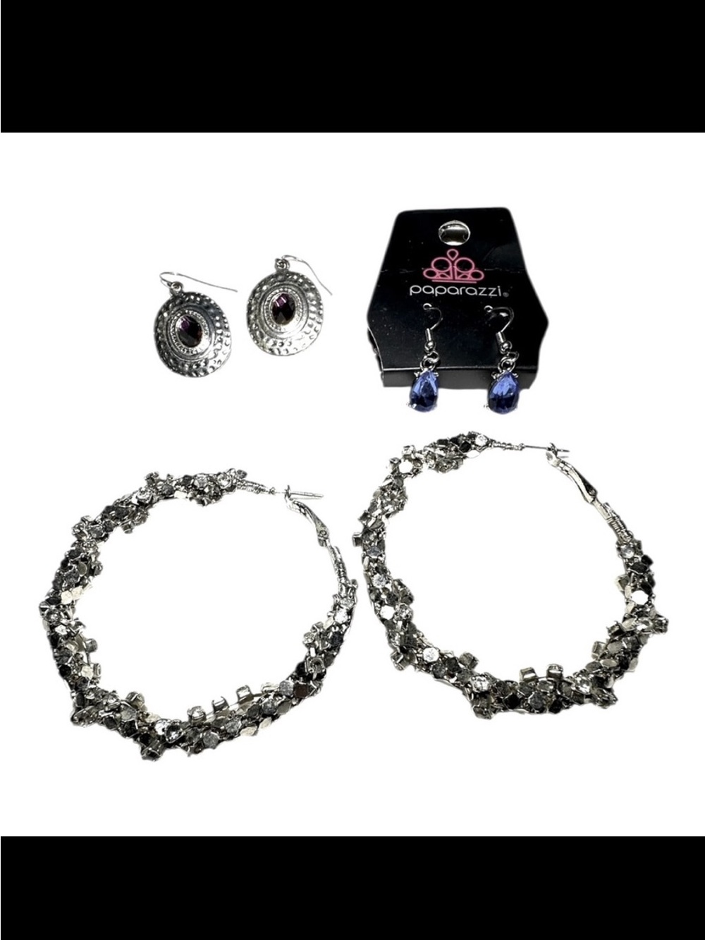 Bundle of 3 silver tone statement earrings pierced ears women’s costume jewelry